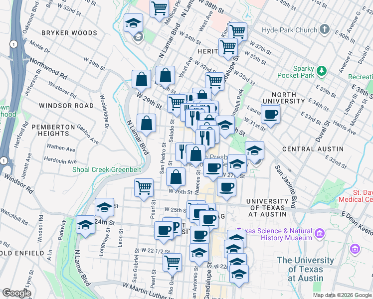 map of restaurants, bars, coffee shops, grocery stores, and more near 2804 Rio Grande Street in Austin