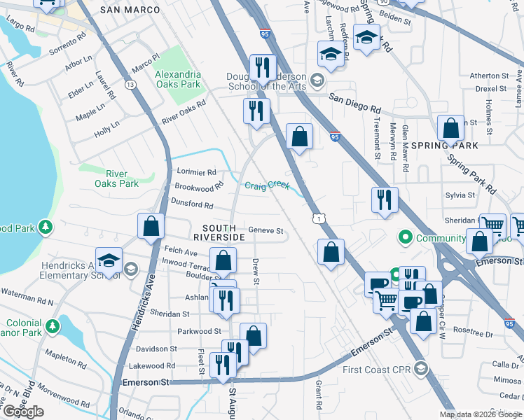 map of restaurants, bars, coffee shops, grocery stores, and more near 2123 Dunsford Terrace in Jacksonville