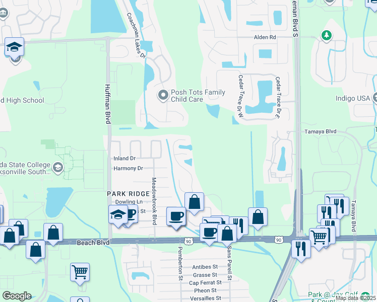 map of restaurants, bars, coffee shops, grocery stores, and more near 12073 Evans Bluff Court in Jacksonville