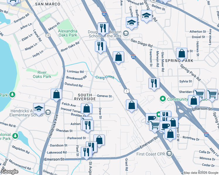 map of restaurants, bars, coffee shops, grocery stores, and more near 2165 Dunsford Terrace in Jacksonville