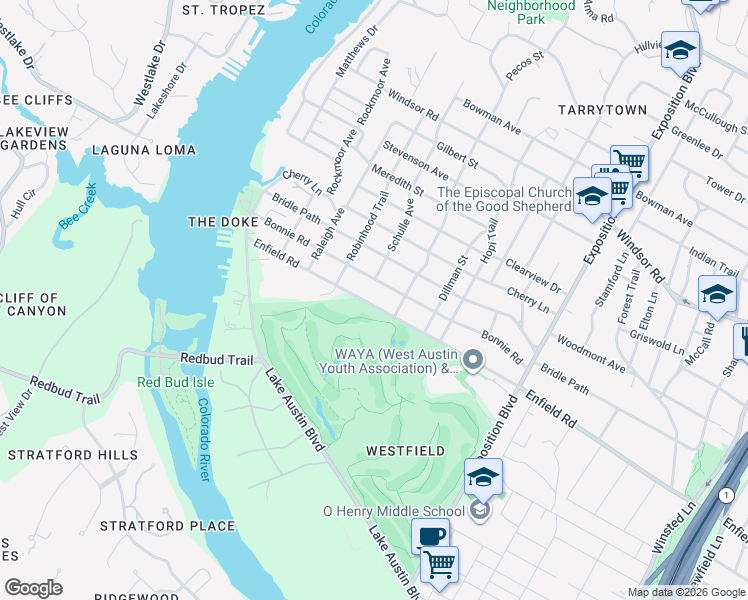 map of restaurants, bars, coffee shops, grocery stores, and more near 3402A Enfield Road in Austin