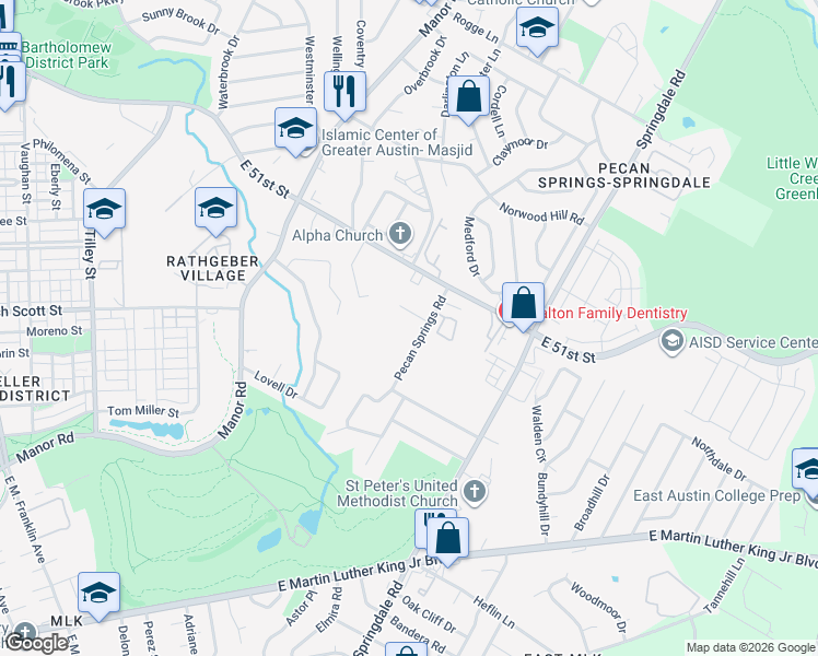 map of restaurants, bars, coffee shops, grocery stores, and more near 4902 Pecan Springs Road in Austin