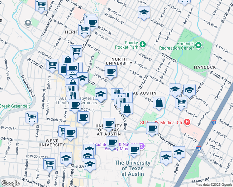 map of restaurants, bars, coffee shops, grocery stores, and more near 3006 Speedway in Austin