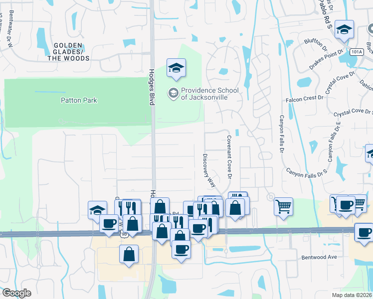 map of restaurants, bars, coffee shops, grocery stores, and more near 13747 Macapa Road in Jacksonville