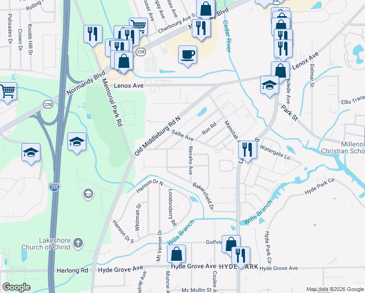 map of restaurants, bars, coffee shops, grocery stores, and more near 1482 Winnebago Avenue in Jacksonville