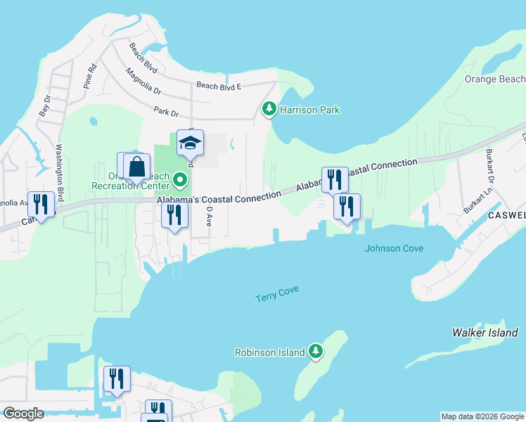 map of restaurants, bars, coffee shops, grocery stores, and more near 27580 Canal Road in Orange Beach