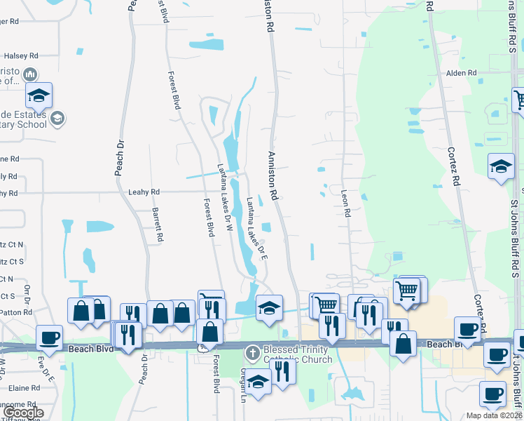 map of restaurants, bars, coffee shops, grocery stores, and more near 10535 Broomsedge Court in Jacksonville