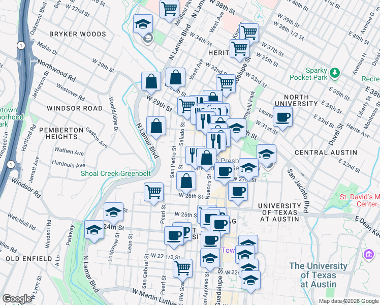 map of restaurants, bars, coffee shops, grocery stores, and more near 2804 Rio Grande Street in Austin