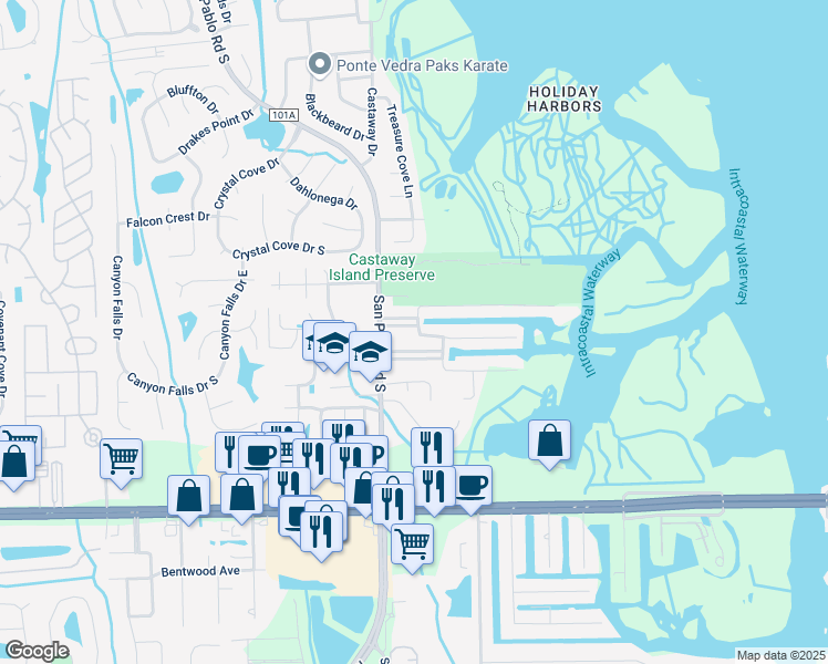 map of restaurants, bars, coffee shops, grocery stores, and more near 1444 Pablo Lane in Jacksonville