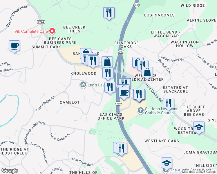 map of restaurants, bars, coffee shops, grocery stores, and more near 705 Castle Ridge Road in Austin