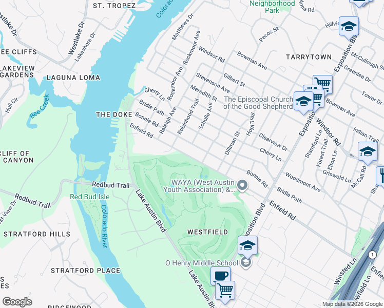 map of restaurants, bars, coffee shops, grocery stores, and more near 3402A Enfield Road in Austin