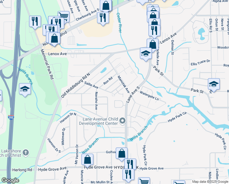 map of restaurants, bars, coffee shops, grocery stores, and more near 1465 Manotak Point Drive in Jacksonville