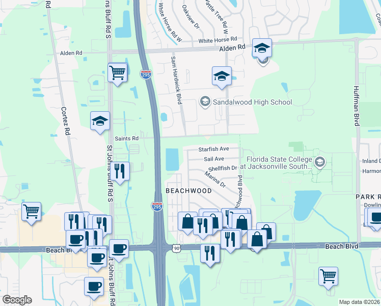 map of restaurants, bars, coffee shops, grocery stores, and more near 2855 Mangrove Avenue in Jacksonville