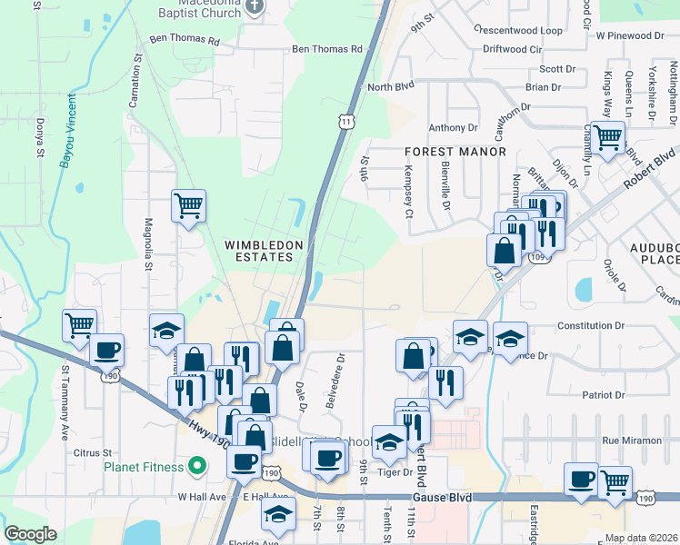 map of restaurants, bars, coffee shops, grocery stores, and more near 332 Alan Circle in Slidell