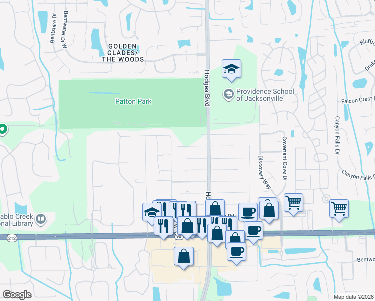 map of restaurants, bars, coffee shops, grocery stores, and more near 13540 Cheyne Road in Jacksonville