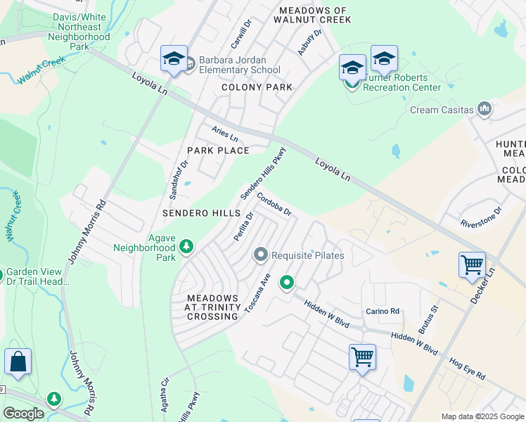 map of restaurants, bars, coffee shops, grocery stores, and more near 6345 Florencia Lane in Austin