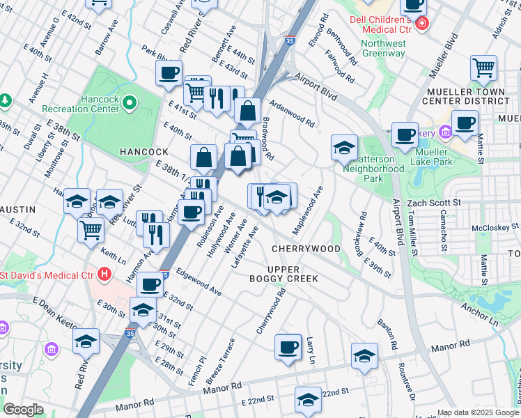 map of restaurants, bars, coffee shops, grocery stores, and more near 1316 East 38th 1/2 Street in Austin