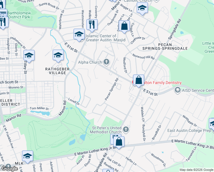 map of restaurants, bars, coffee shops, grocery stores, and more near 4902 Pecan Springs Road in Austin