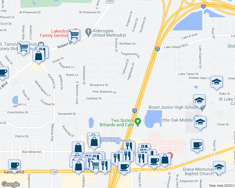 map of restaurants, bars, coffee shops, grocery stores, and more near 433 Timber Court in Slidell