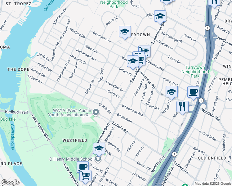 map of restaurants, bars, coffee shops, grocery stores, and more near 2802 Cherry Lane in Austin