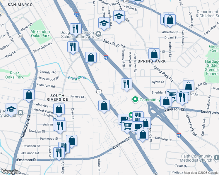map of restaurants, bars, coffee shops, grocery stores, and more near 2906 Rockmont Street in Jacksonville