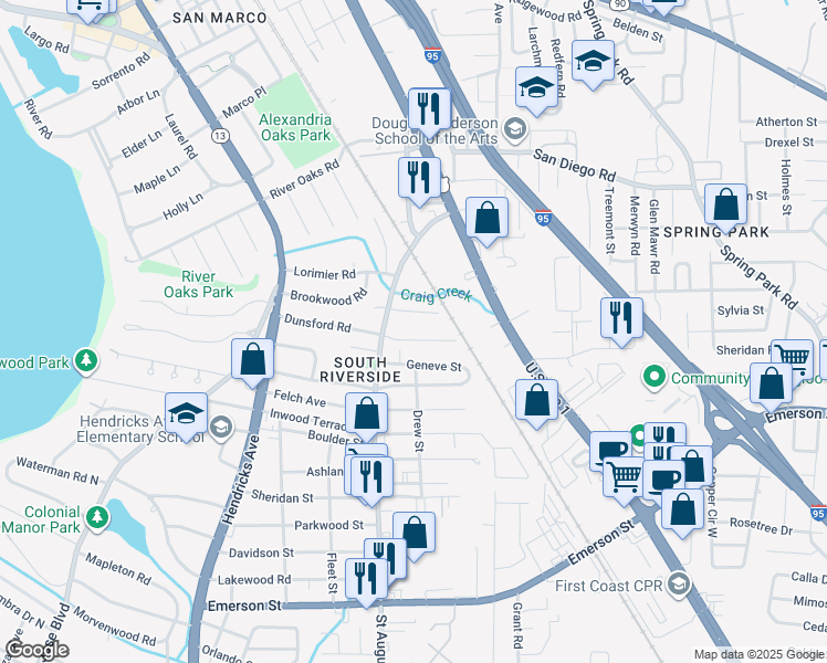 map of restaurants, bars, coffee shops, grocery stores, and more near 2043 Dunsford Terrace in Jacksonville