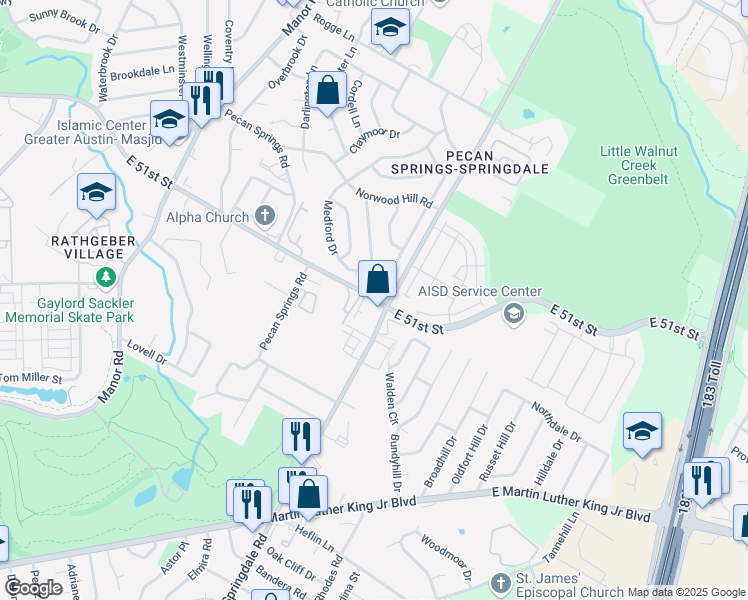map of restaurants, bars, coffee shops, grocery stores, and more near 4104 East 51st Street in Austin