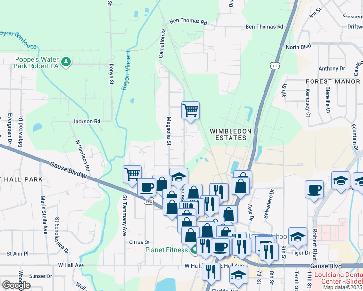 map of restaurants, bars, coffee shops, grocery stores, and more near 657 Carnation Street in Slidell