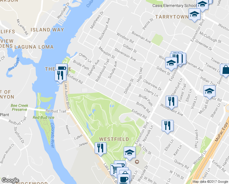 map of restaurants, bars, coffee shops, grocery stores, and more near 3221 Bonnie Road in Austin