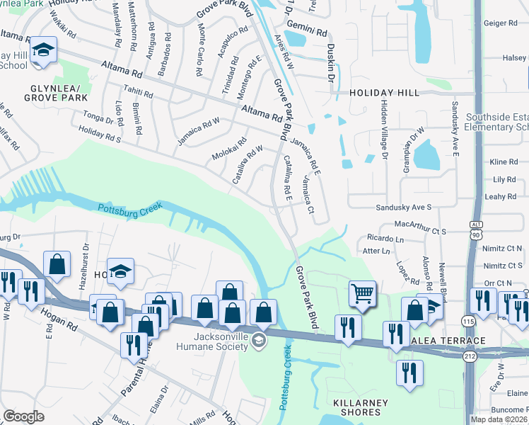 map of restaurants, bars, coffee shops, grocery stores, and more near 8040 Holiday Road South in Jacksonville