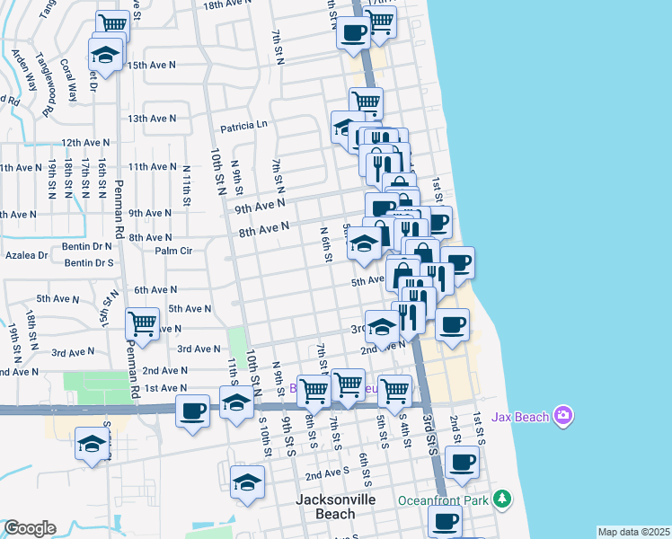 map of restaurants, bars, coffee shops, grocery stores, and more near 526 6th Avenue North in Jacksonville Beach
