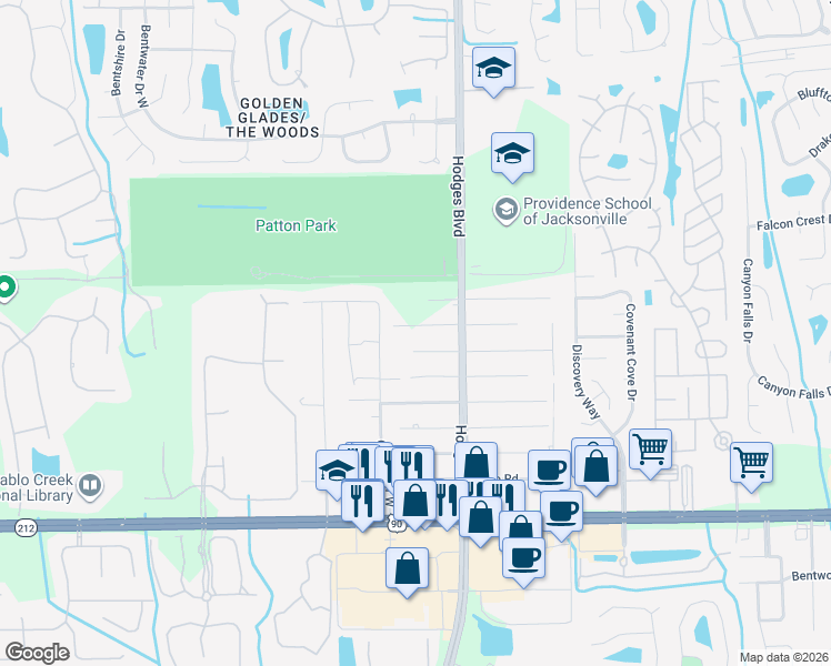 map of restaurants, bars, coffee shops, grocery stores, and more near 13540 Cheyne Road in Jacksonville