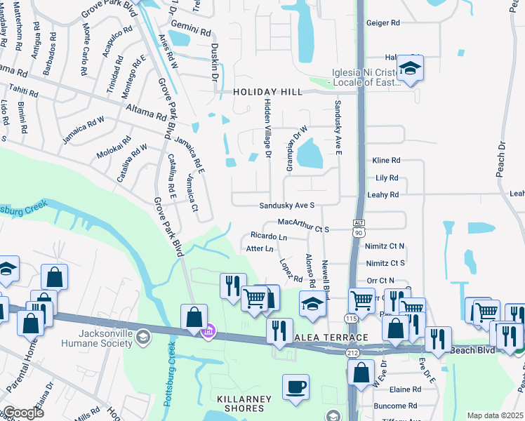 map of restaurants, bars, coffee shops, grocery stores, and more near 8882 Sandusky Avenue West in Jacksonville