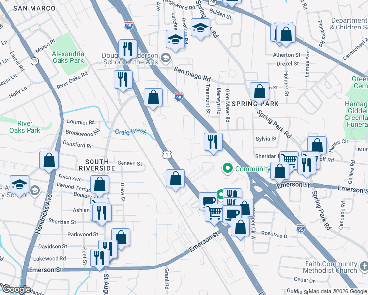 map of restaurants, bars, coffee shops, grocery stores, and more near 2906 Rockmont Street in Jacksonville