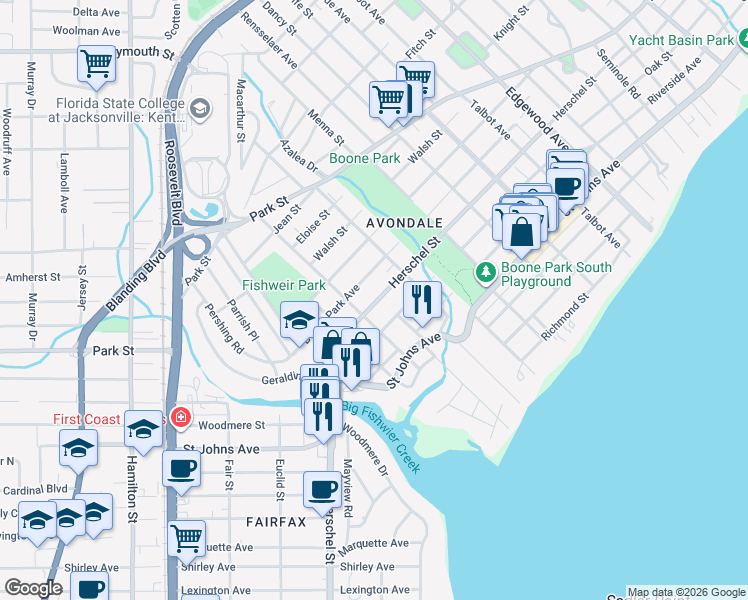 map of restaurants, bars, coffee shops, grocery stores, and more near 3862 Herschel Street in Jacksonville