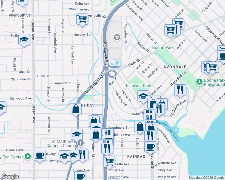 map of restaurants, bars, coffee shops, grocery stores, and more near 1535 Pershing Road in Jacksonville