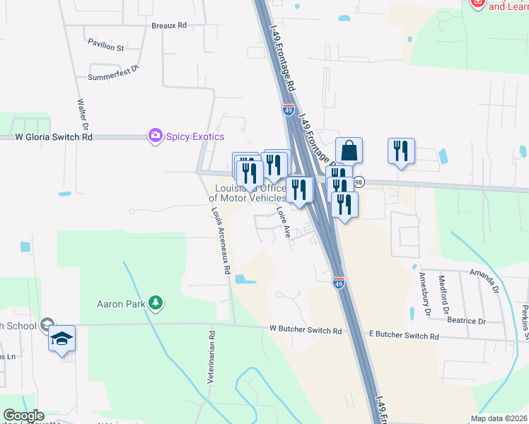 map of restaurants, bars, coffee shops, grocery stores, and more near 106 Cantal Drive in Lafayette