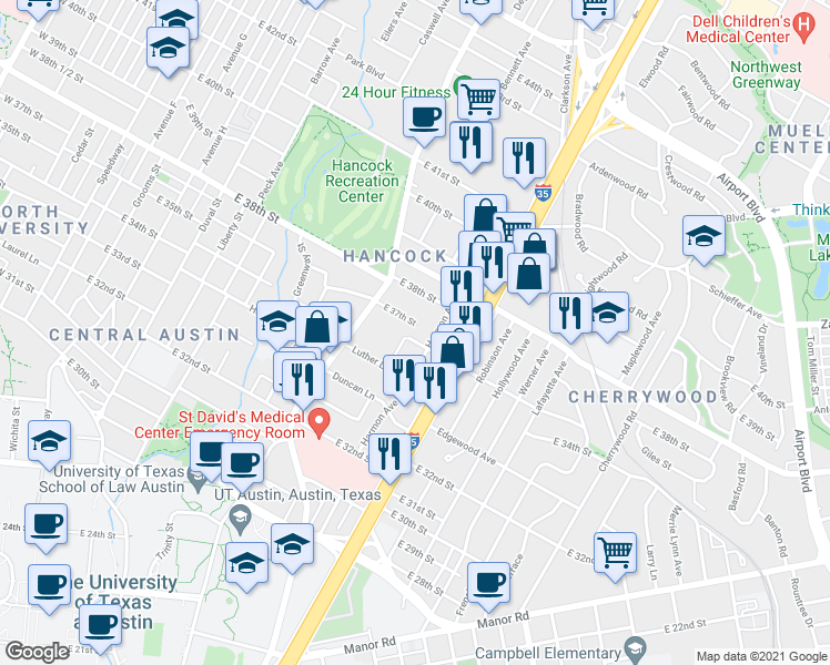 map of restaurants, bars, coffee shops, grocery stores, and more near 3500 Harmon Avenue in Austin