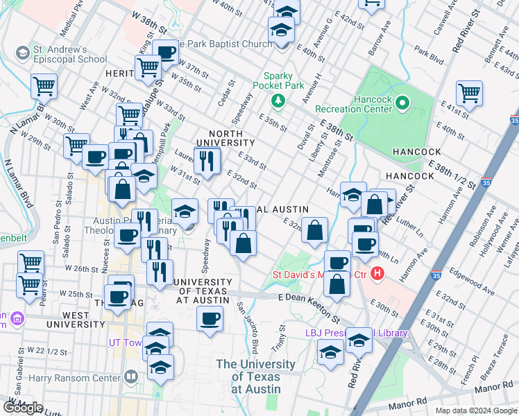 map of restaurants, bars, coffee shops, grocery stores, and more near 3111 Tom Green Street in Austin