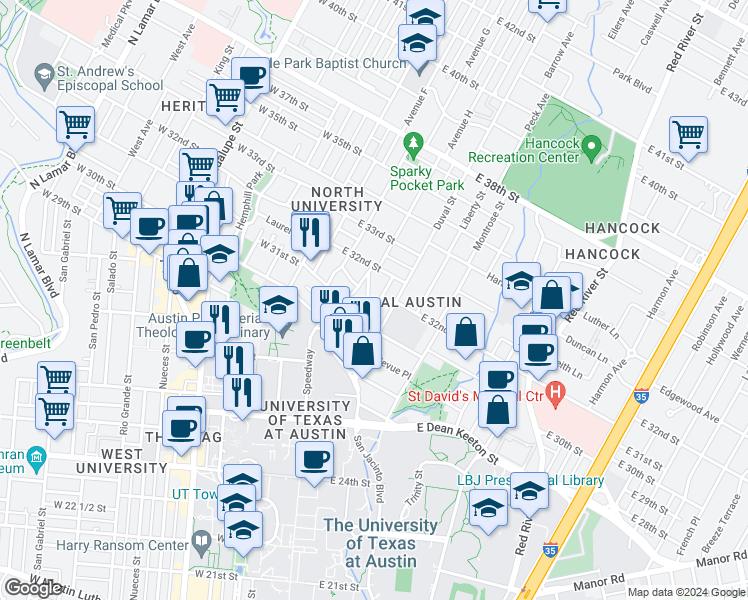 map of restaurants, bars, coffee shops, grocery stores, and more near 3111 Tom Green Street in Austin