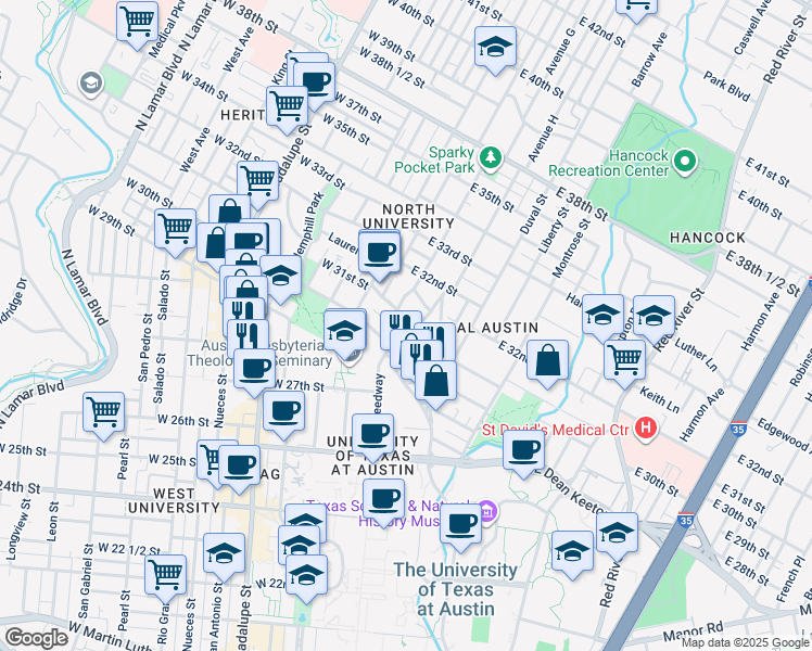 map of restaurants, bars, coffee shops, grocery stores, and more near 3006 Speedway in Austin