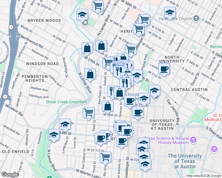map of restaurants, bars, coffee shops, grocery stores, and more near 2804 Rio Grande Street in Austin