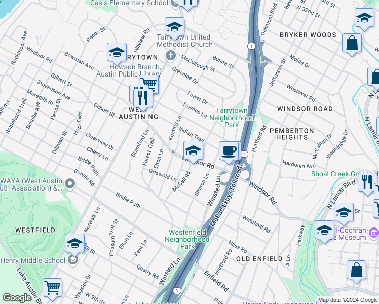 map of restaurants, bars, coffee shops, grocery stores, and more near in Austin