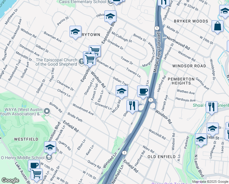 map of restaurants, bars, coffee shops, grocery stores, and more near in Austin