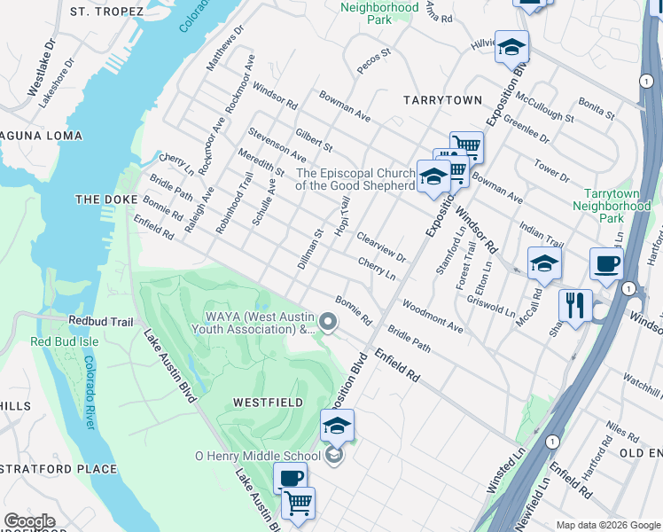 map of restaurants, bars, coffee shops, grocery stores, and more near 3200 Bridle Path in Austin
