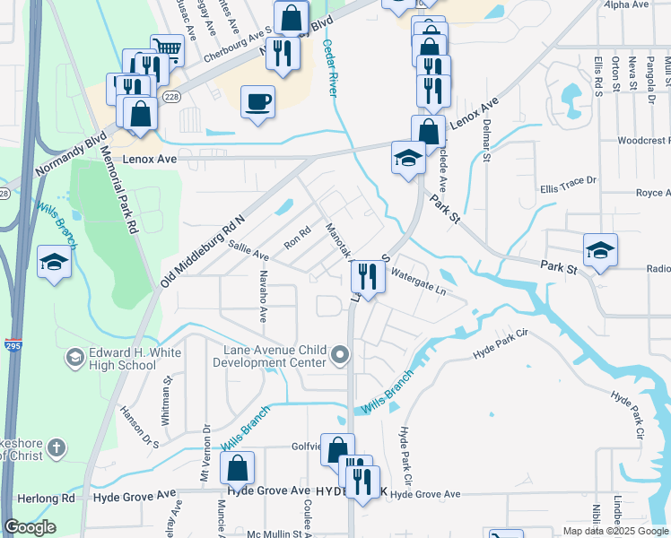 map of restaurants, bars, coffee shops, grocery stores, and more near 1442 Manotak Point Drive in Jacksonville