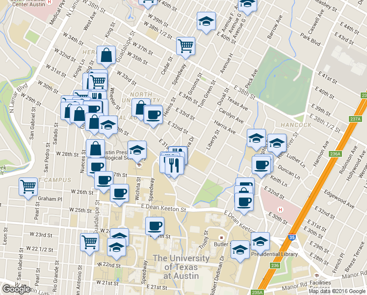 map of restaurants, bars, coffee shops, grocery stores, and more near 3111 Tom Green Street in Austin