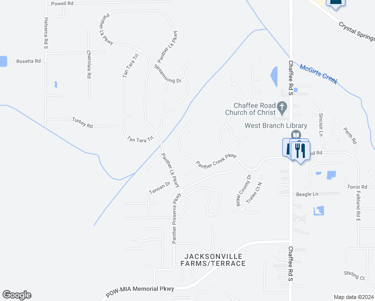 map of restaurants, bars, coffee shops, grocery stores, and more near 11305 Panther Creek Parkway in Jacksonville