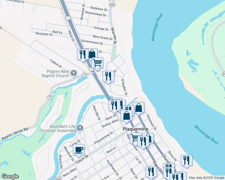 map of restaurants, bars, coffee shops, grocery stores, and more near 23265 Short Street in Plaquemine