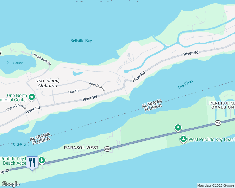 map of restaurants, bars, coffee shops, grocery stores, and more near 31680 River Road in Orange Beach